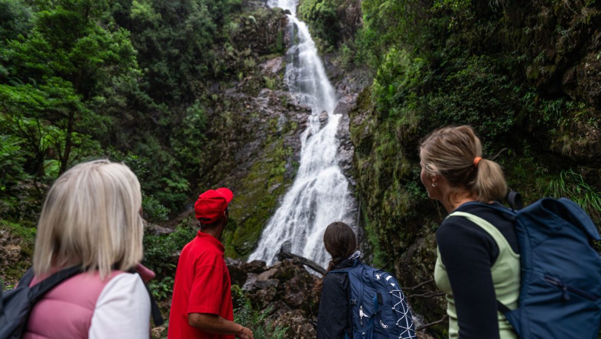 An Intrepid leader and travellers look up at Montezuma Falls.
