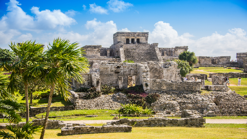 A ground level view of the ancient Mayan Tulum Ruins