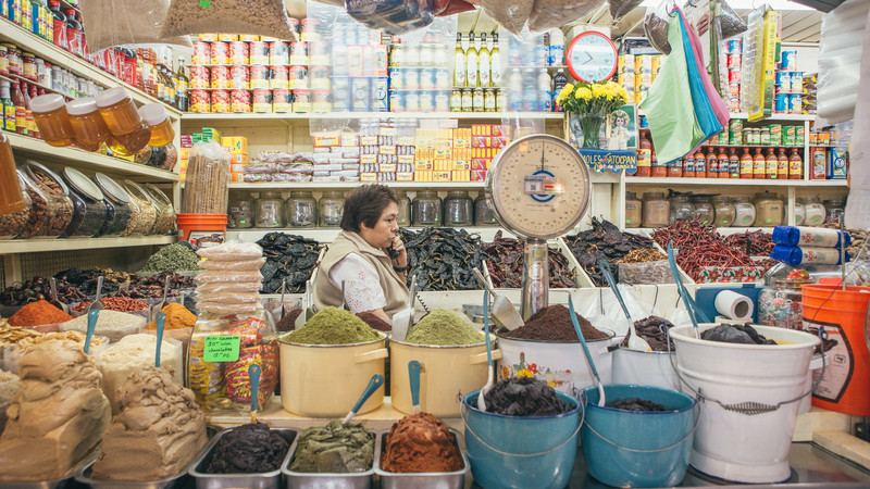 A woman works at a stall in Mexico City