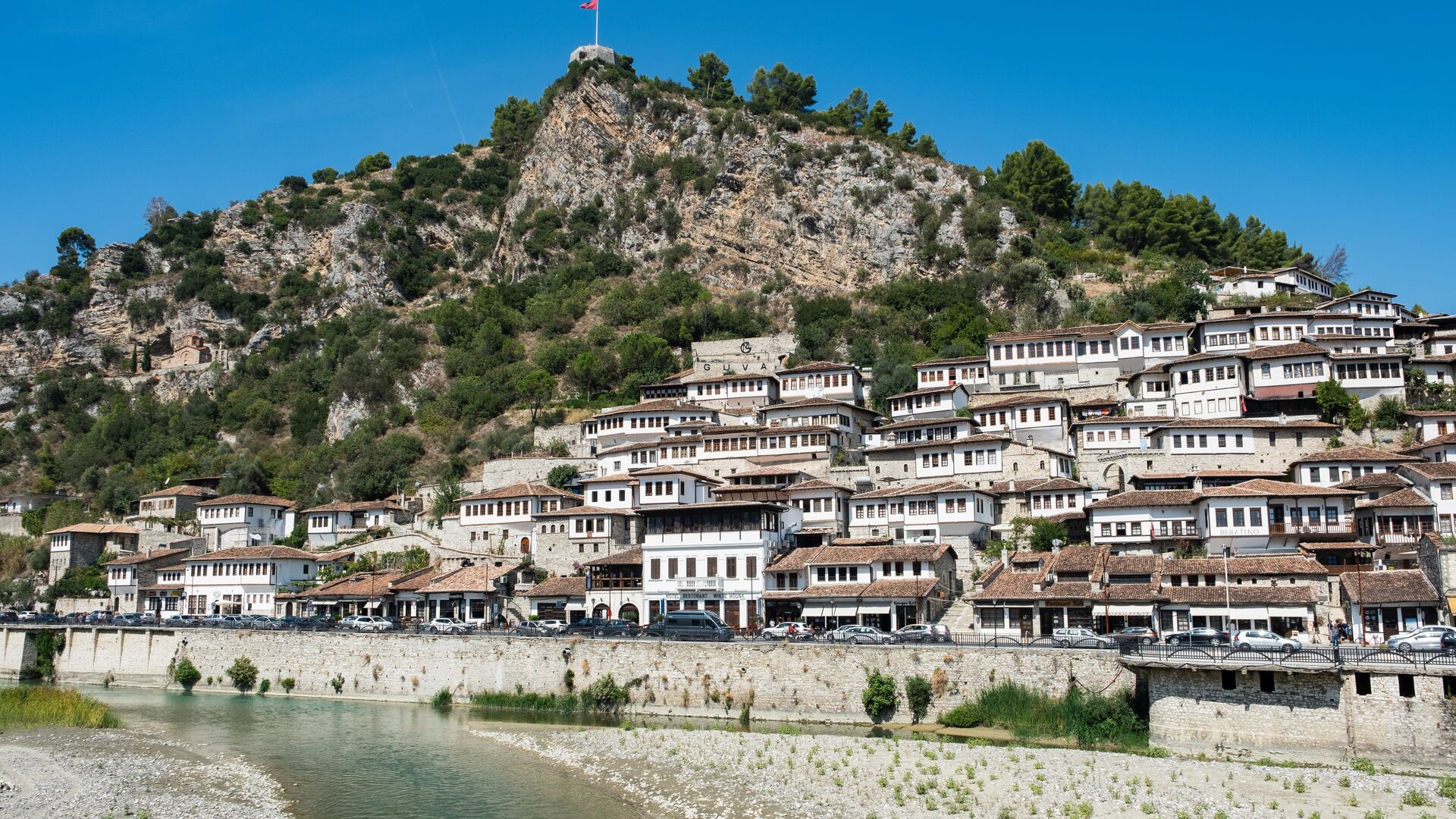 A riverside view of the terraced houses in Berat, Albania