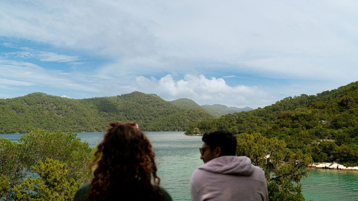 Two travellers looking out over green hills and water