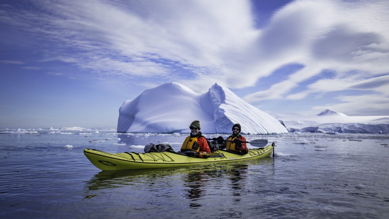 Kayakers in Cierva Cove, Antarctica