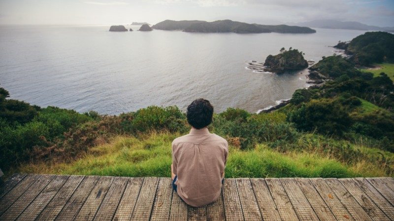 Traveller viewing Bay of Island from lookout