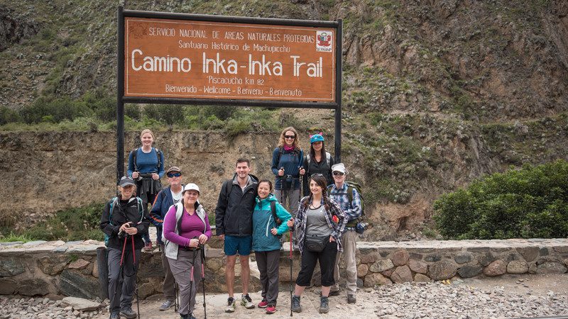 Trekkers at the start of the Inca Trail