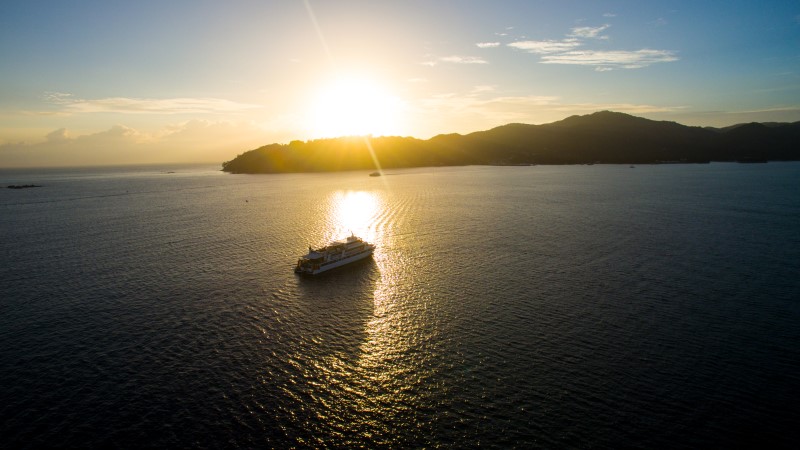 Aerial views of the Seychelles at sunset