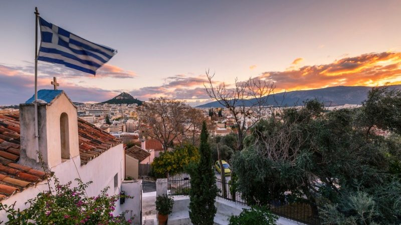 Beautiful buildings in Athens at sunset