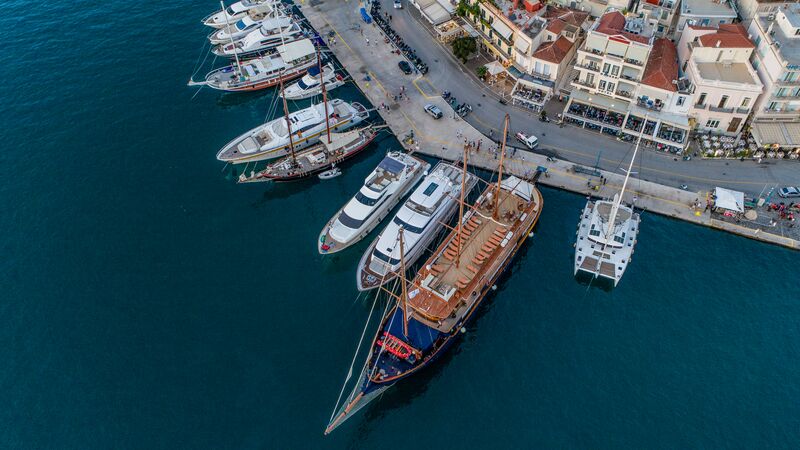 An aerial shot of ships docked in Poros