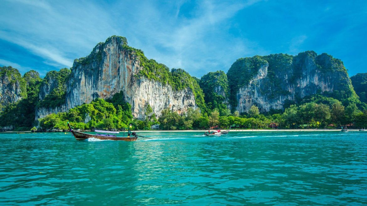 A boat passing through the Phi Phi Islands, Thailand