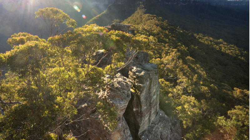 Sun shines down the Ruined Castle in the Blue Mountains, New South Wales