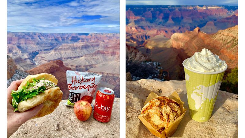 Someone holding a sandwich and a coffee from Bright Angel Cafe
