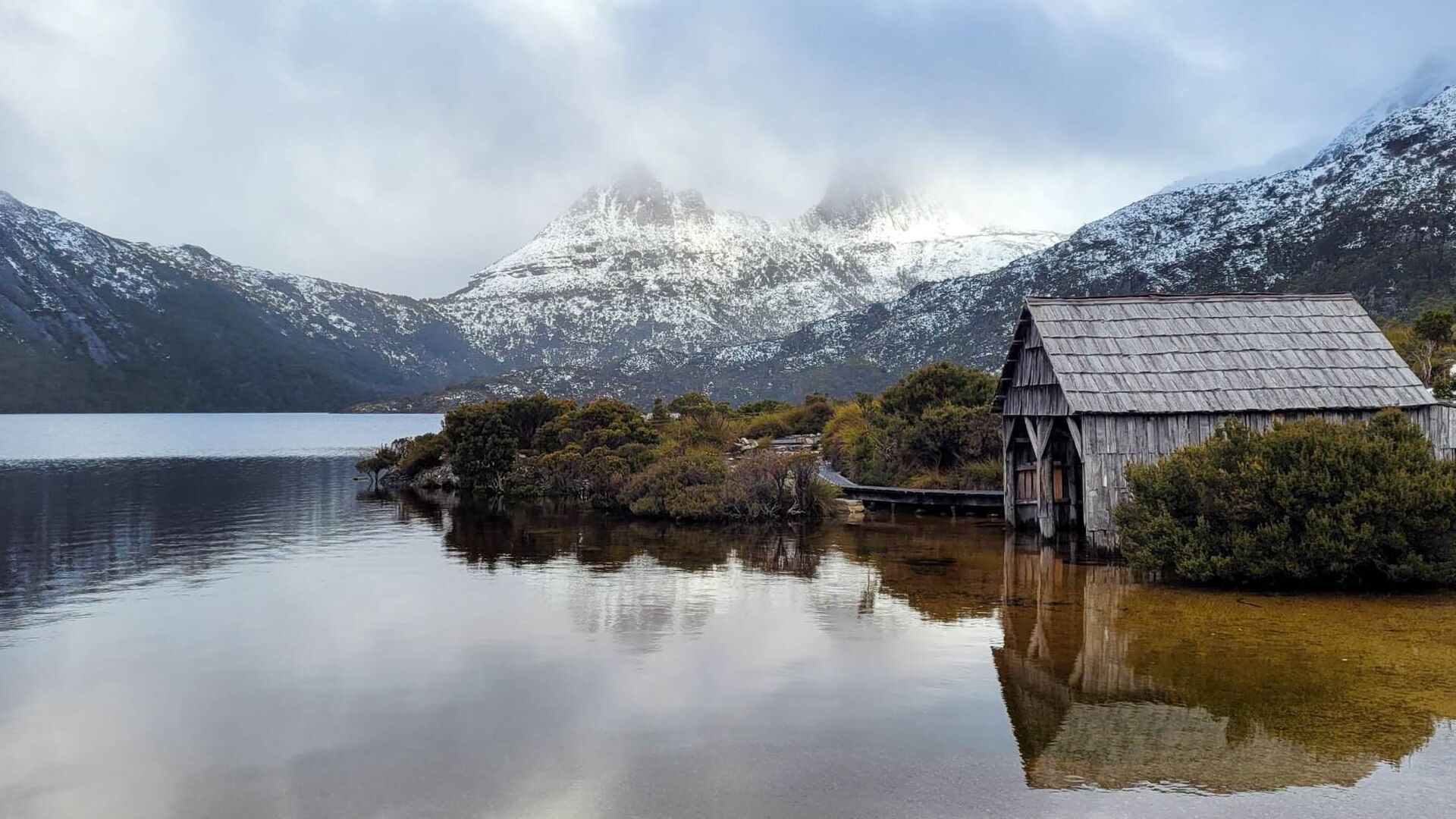 Cradle Mountain-Lake St Clair National Park view from the waterside boathouse.