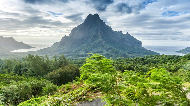 Tahiti's volcanic landscape surrounded by lush vegetation on a cloudy day.