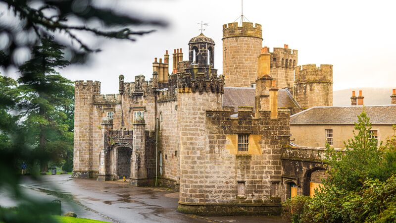 The beautiful structure of Balloch Castle with its medieval architecture and limestome walls.