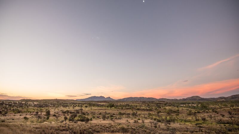 The peaceful and stark landscape of the Australian desert at sunset