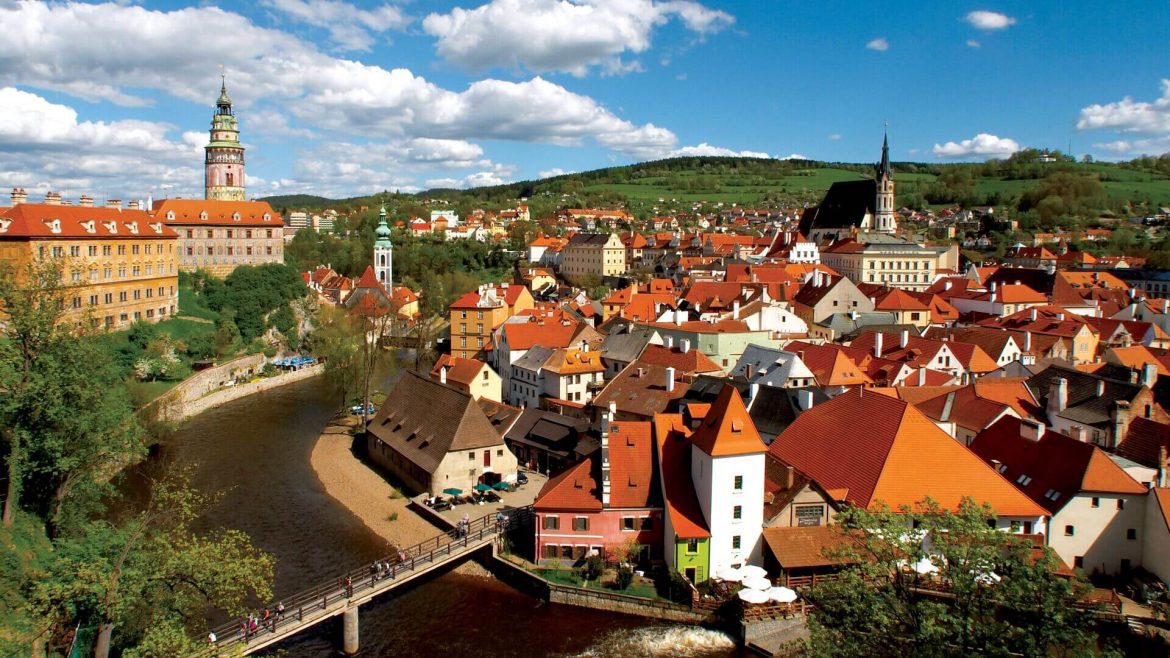 An aerial view of Cesky Krumlov, Czech Republic
