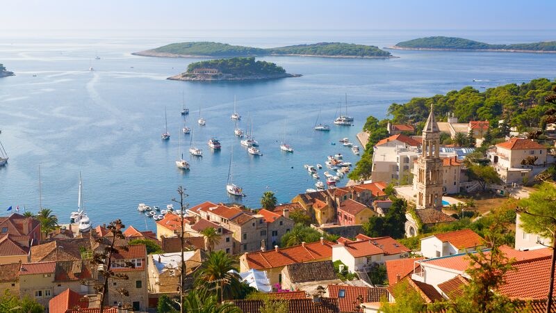 An aerial shot of Hvar's port