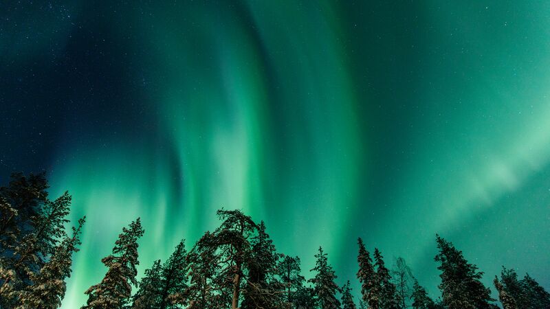 The aurora borealis glowing in shades of green in a starry night sky.