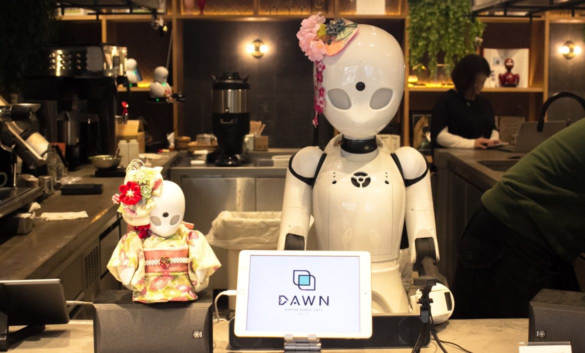 A robot waiting to greet guests at Tokyo's Dawn Avatar Robot Cafe
