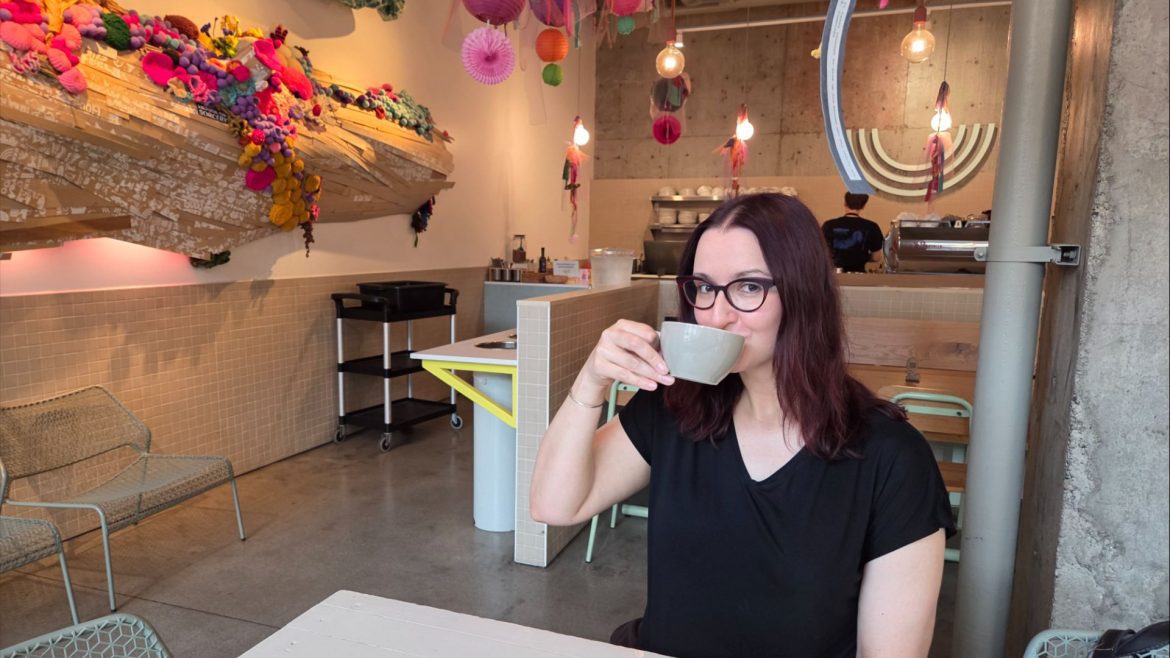 Intrepid author Anita Isalska tasting the coffee at Wunderground in Seattle.