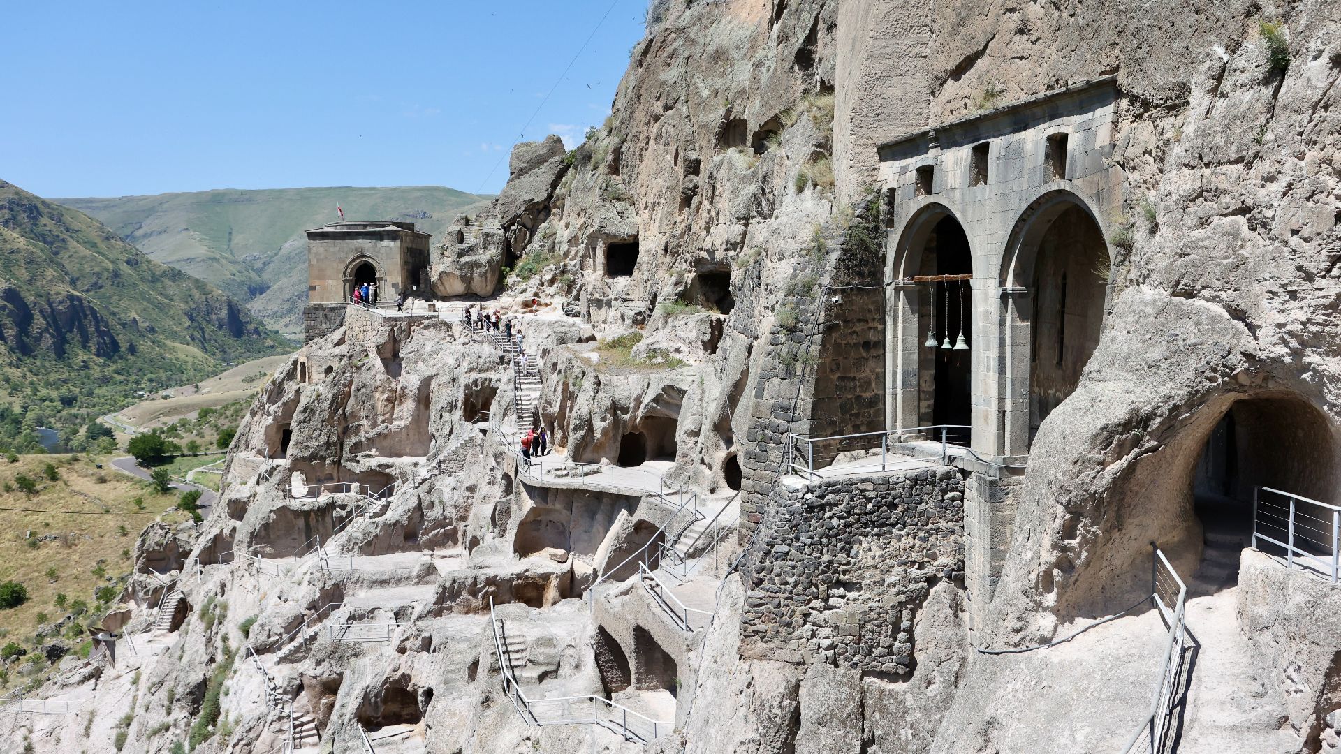 The ancient hillside caves of Vardzia, raised above the valley.