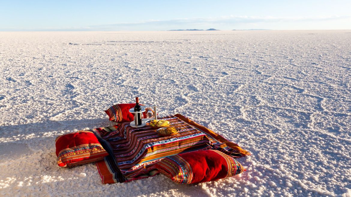 Dinner on the Bolivian salt flats.