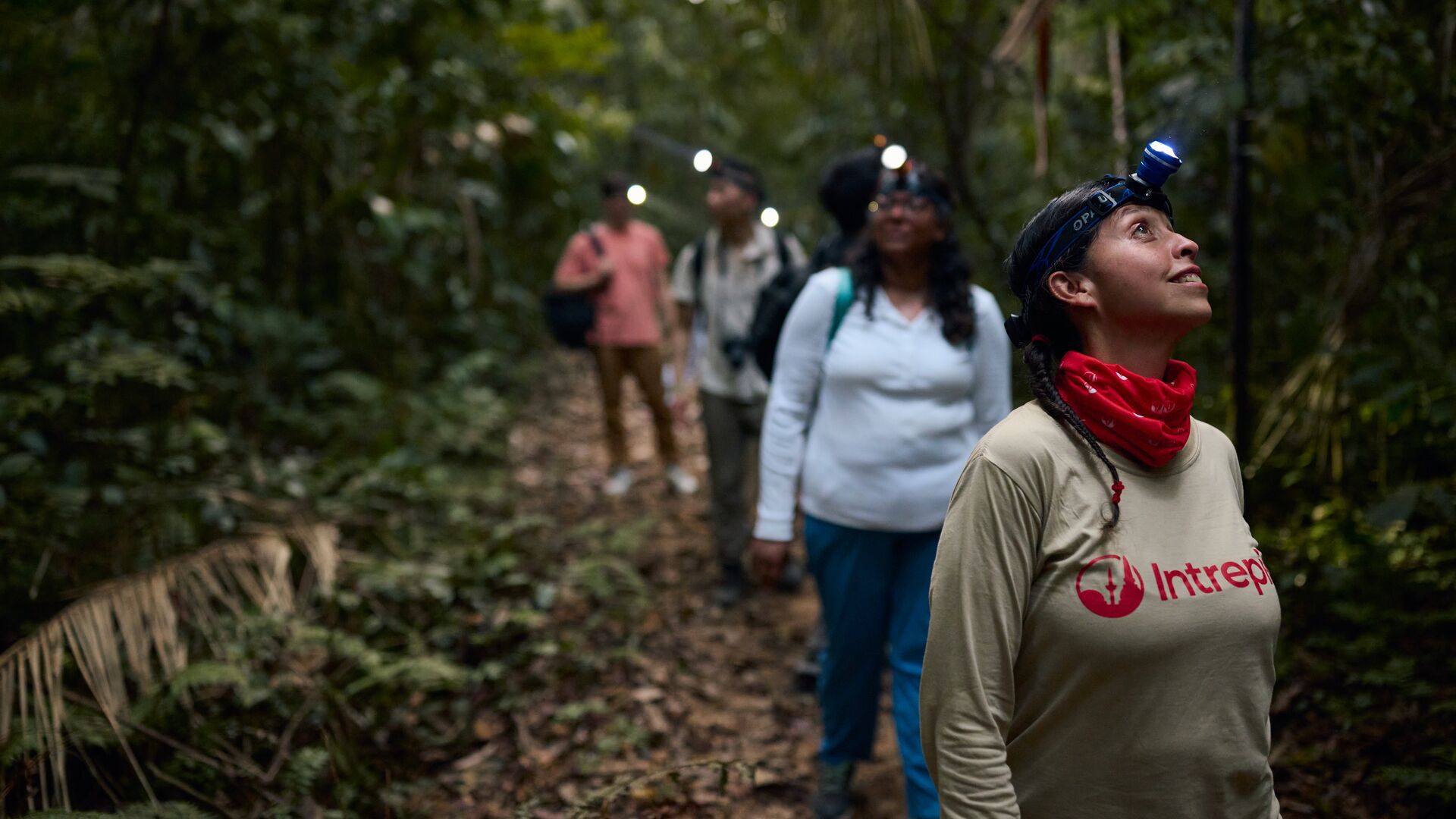 An Intrepid leader and group with head torches wander through the Amazon in Peru