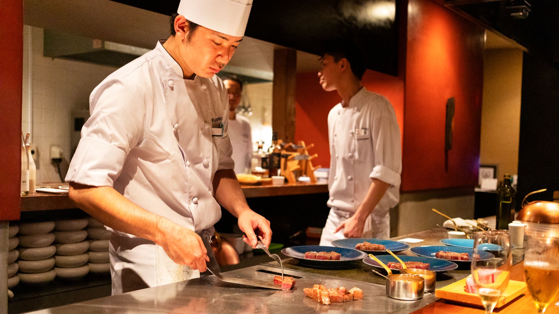 A chef cooking kobe beef in Japan.