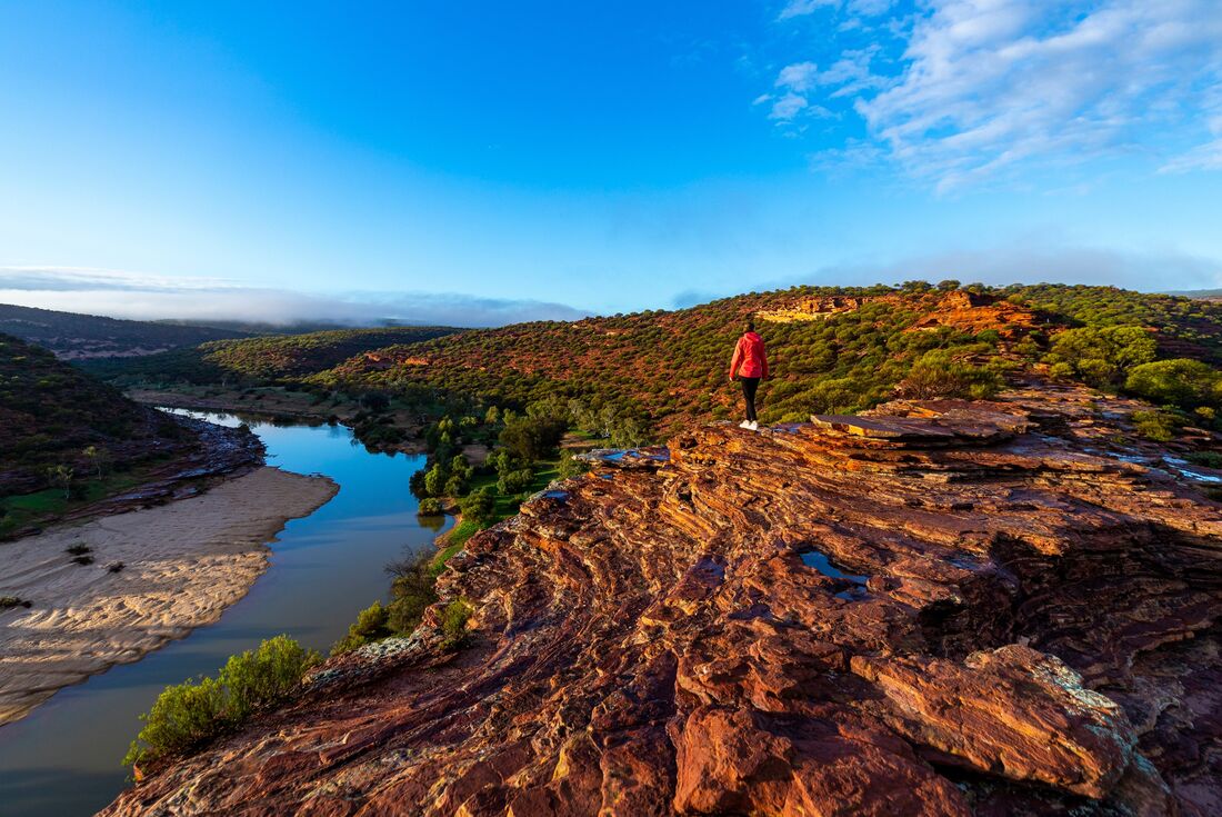 Intrepid traveller looks out over Kalbarri National Park in Western Australia