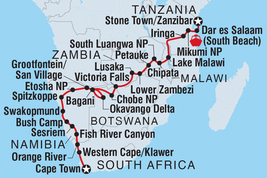 Map of Cape Town To Zanzibar including Botswana, Malawi, Namibia, South Africa, Tanzania, United Republic Of, Zambia and Zimbabwe