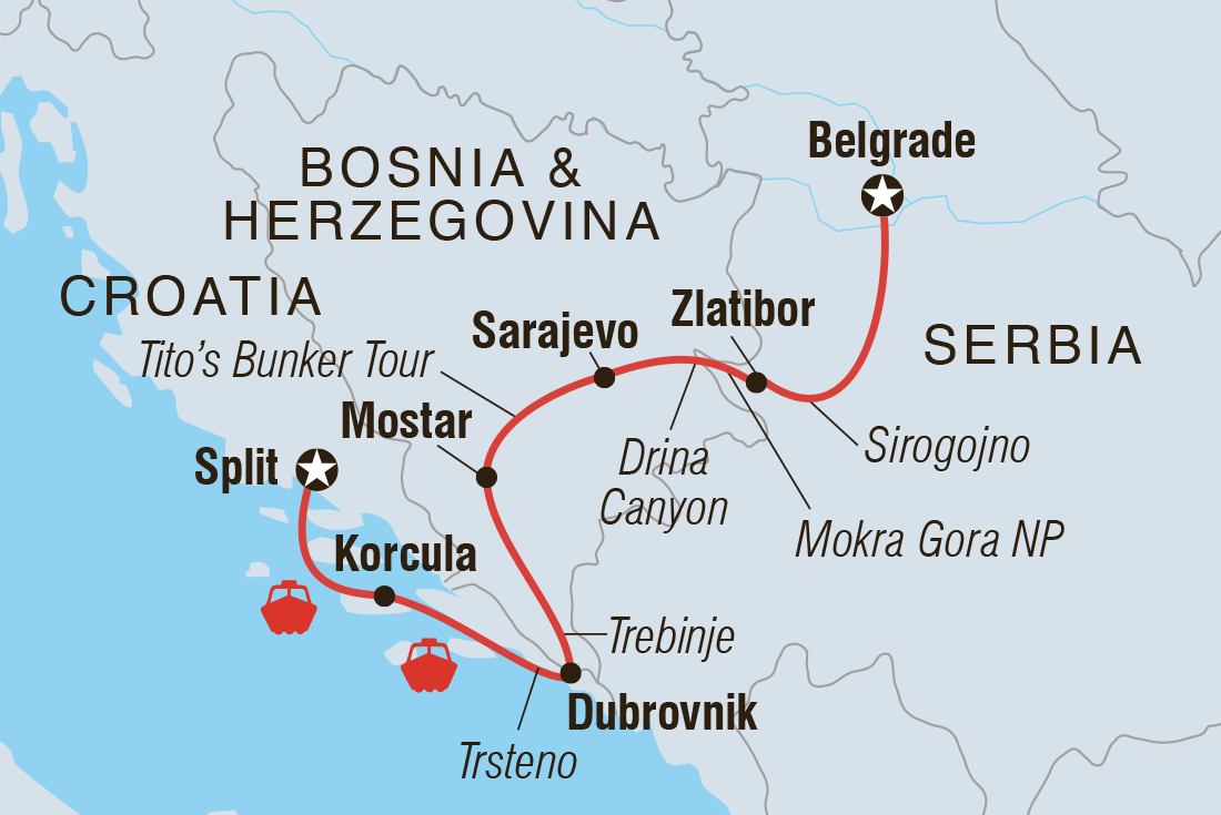 Map of Premium Split To Belgrade including Bosnia And Herzegovina, Croatia and Serbia