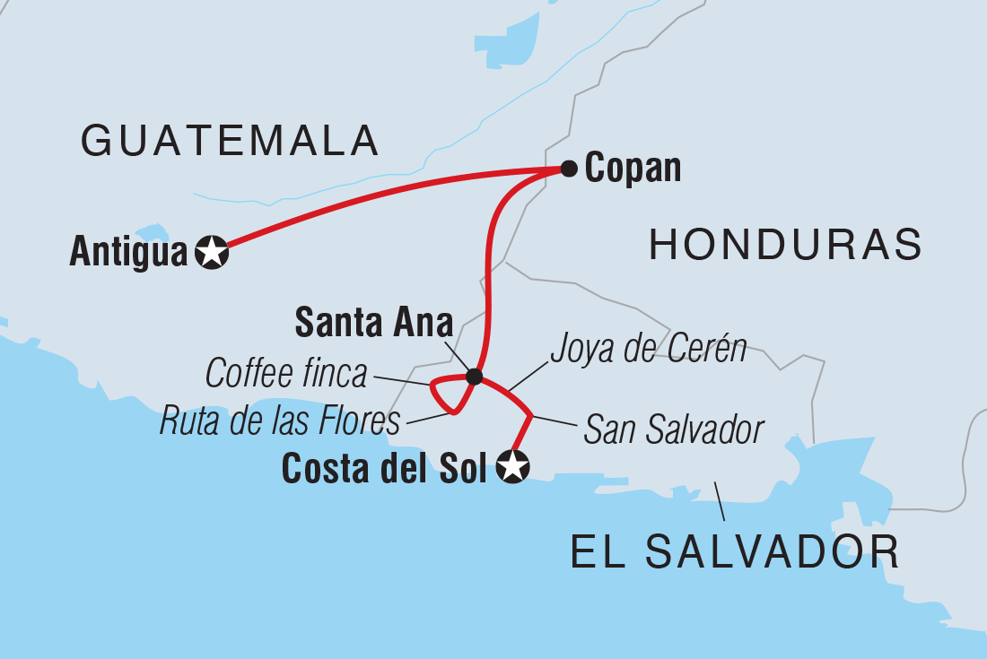 Map of Discover Guatemala, Honduras & El Salvador including El Salvador, Guatemala and Honduras