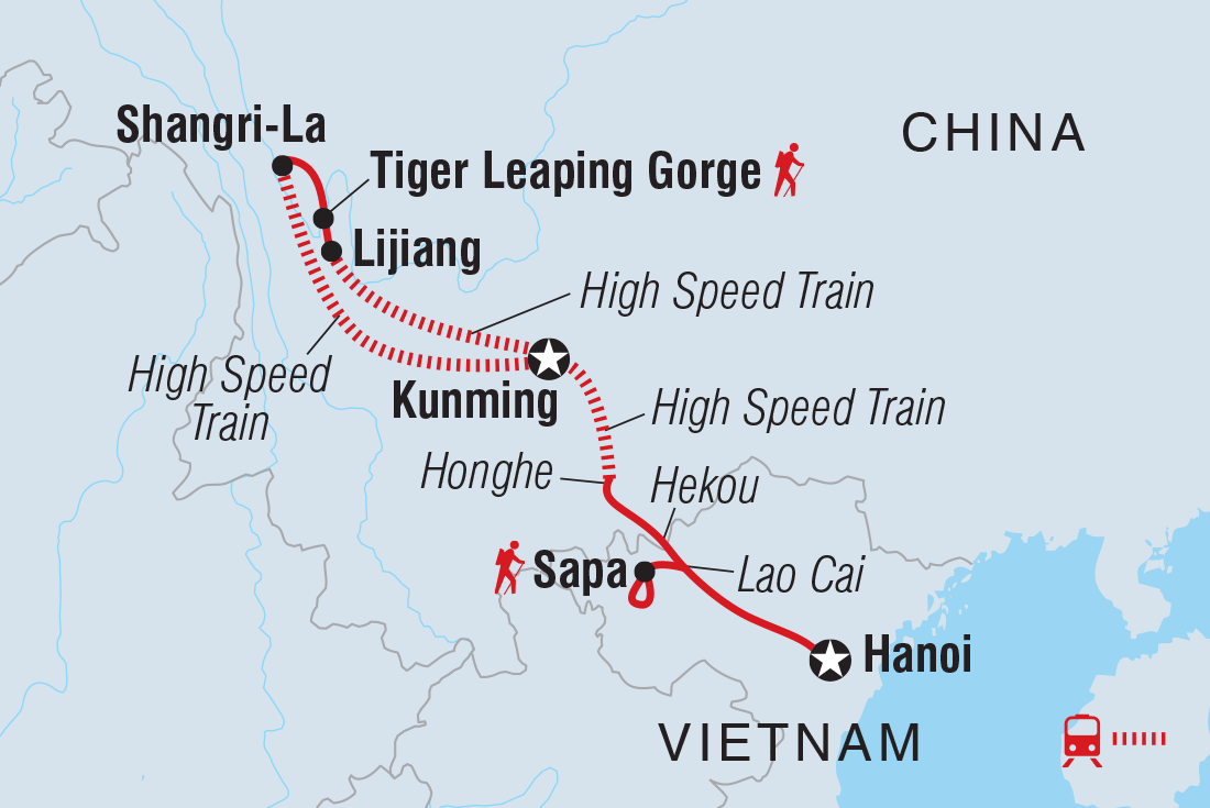 Map of Vietnam & China: Hanoi To Kunming By Rail including China and Vietnam