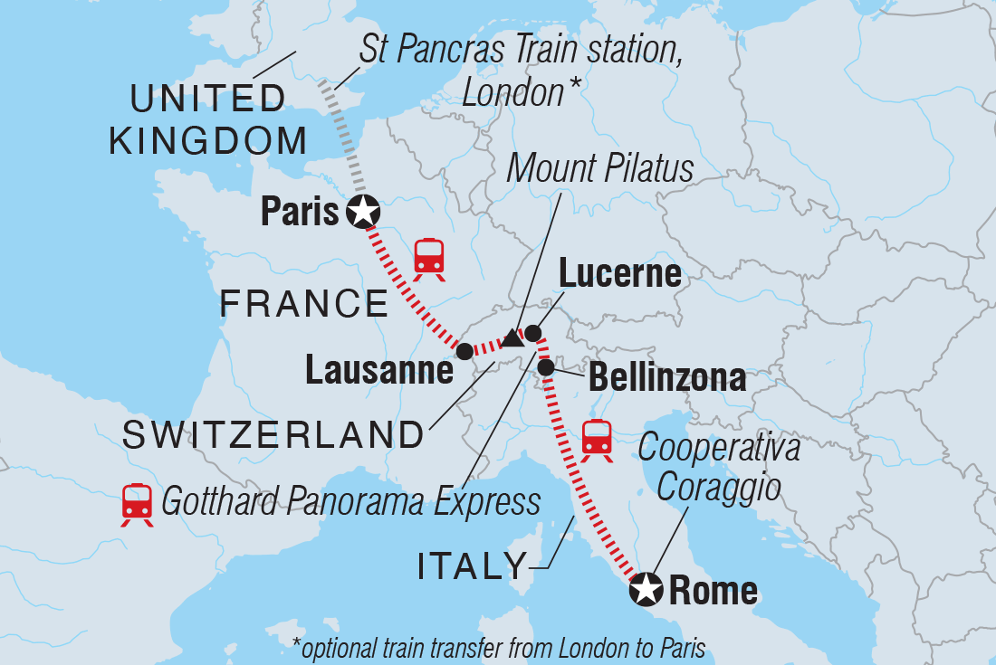 Map of Paris To Rome By Rail including France, Italy and Switzerland