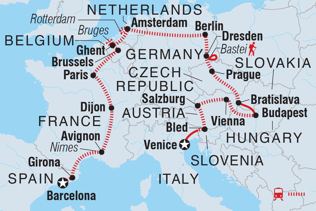 Map of Barcelona To Venice including Austria, Belgium, Czech Republic, France, Germany, Hungary, Italy, Netherlands, Slovakia, Slovenia and Spain