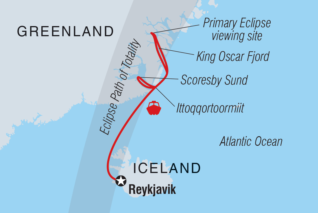 Map of Iceland To Greenland: Total Solar Eclipse (Ultramarine) including Greenland and Iceland