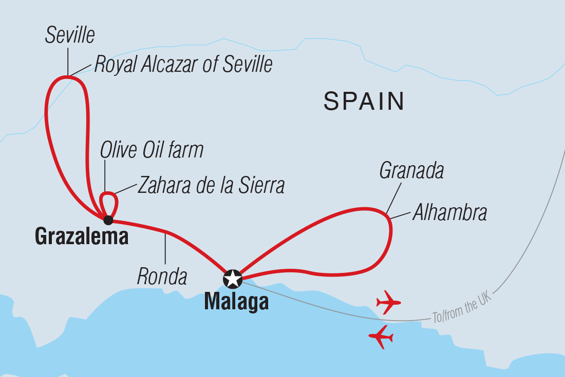 Map of Andalusia Highlights: Malaga & Seville including Spain