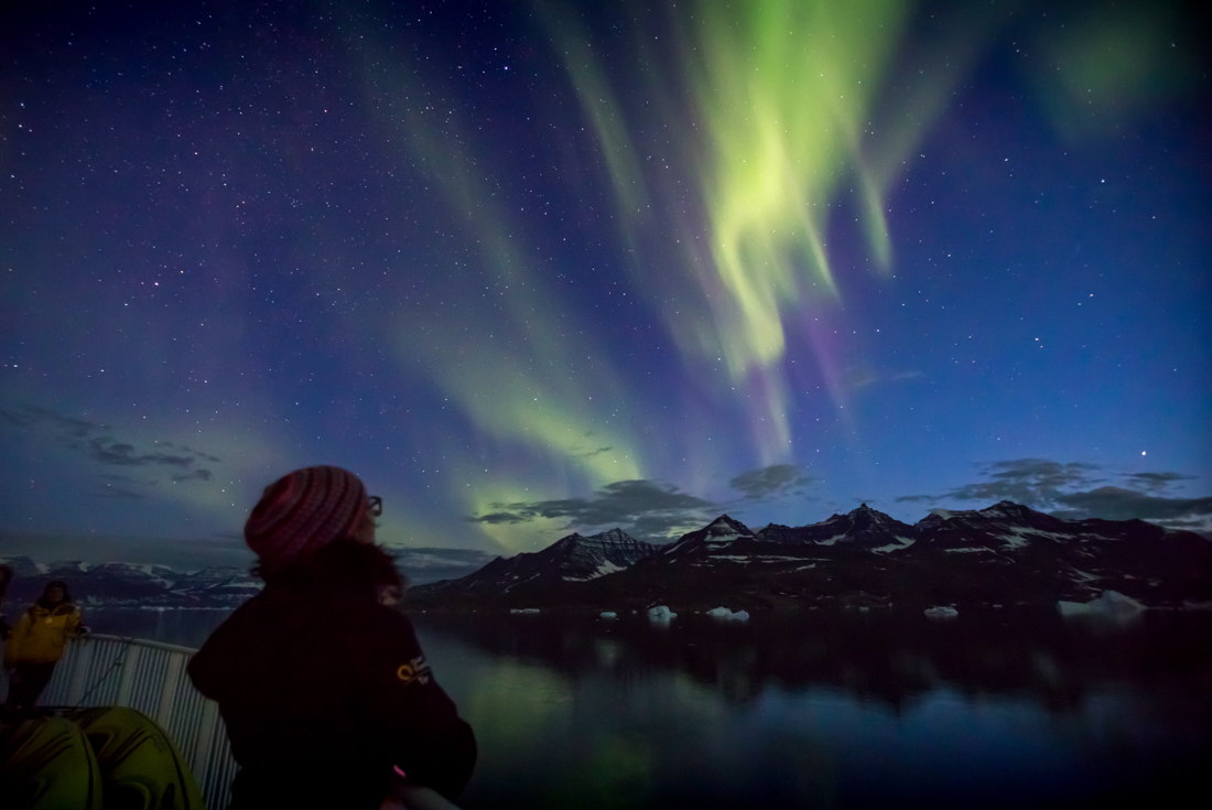 Travellers looks out from the deck of the Ocean Explorer as northern lights dance over Greenland