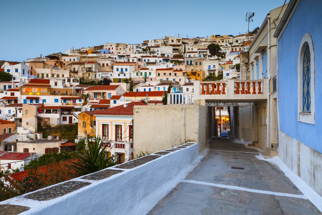 Streets of Ioulida wind between classic island homes on Kea island in the Cyclades of Greece