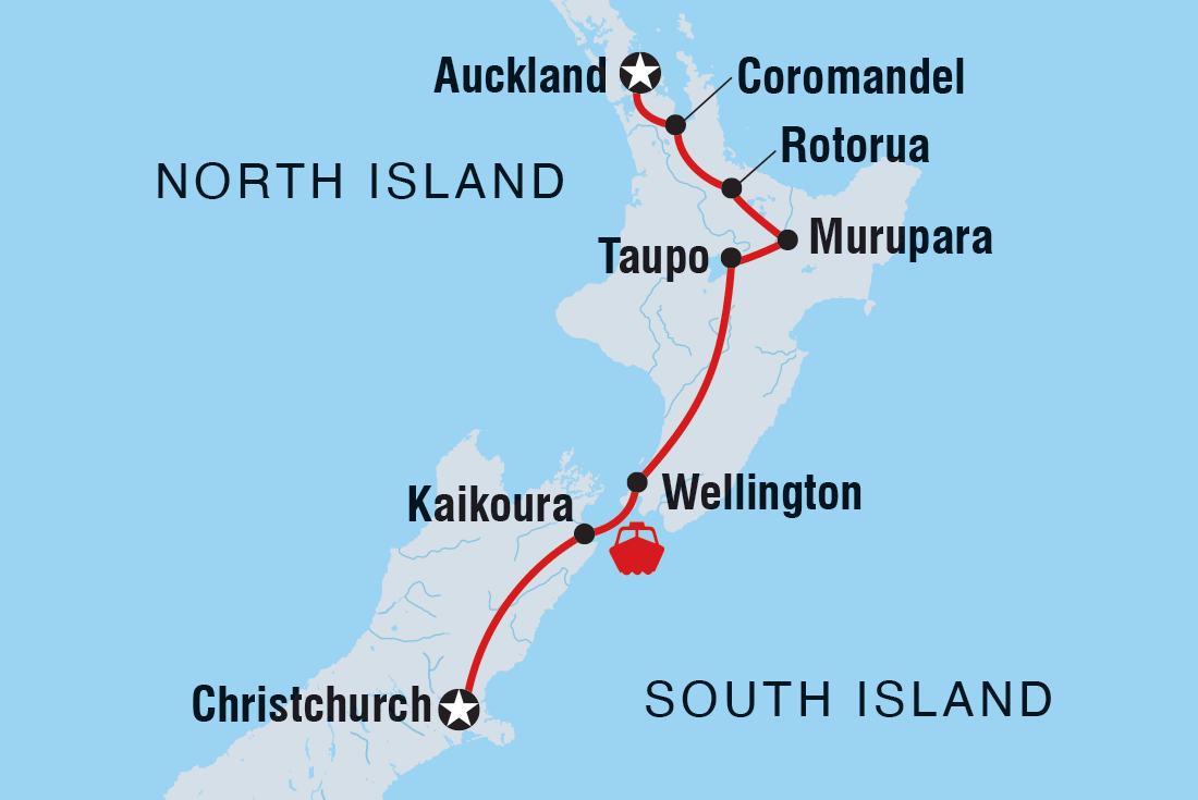 Map of New Zealand's South To North Island Adventure including New Zealand
