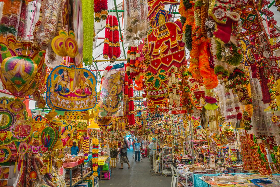 Bright colourful decorations, ornaments and trinkets in Little India market, Singapore