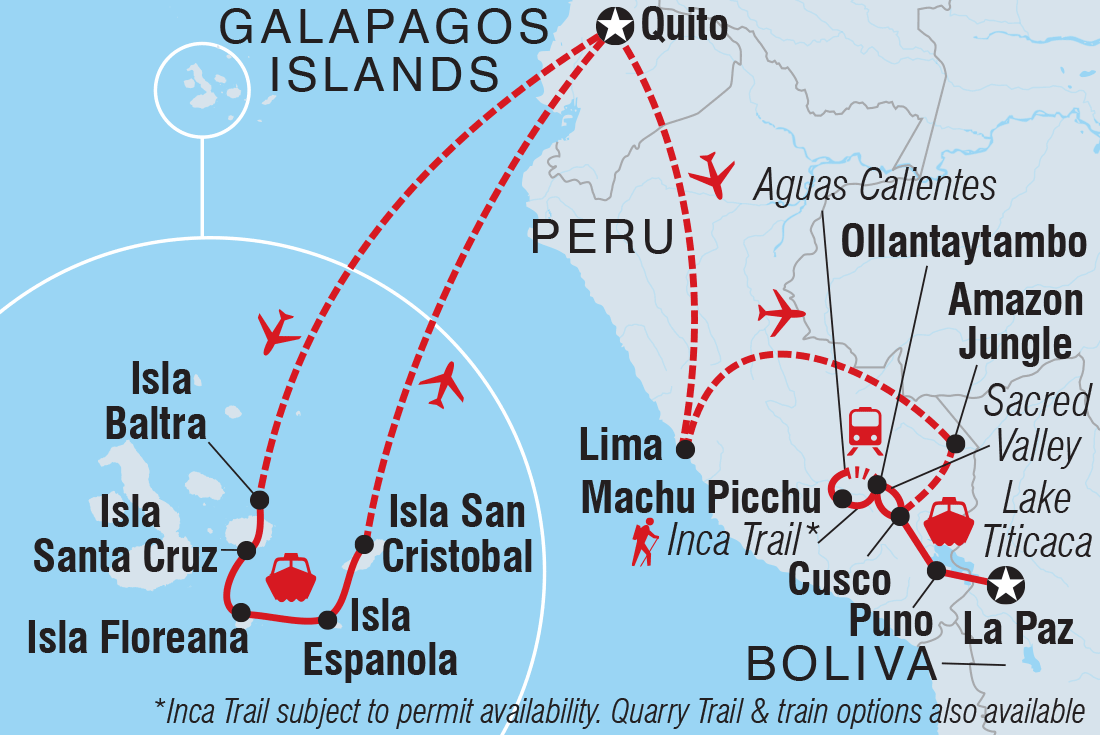 Map of Galapagos Cruise & Peru’S Land Of The Incas (Grand Daphne) including Bolivia, Ecuador and Peru