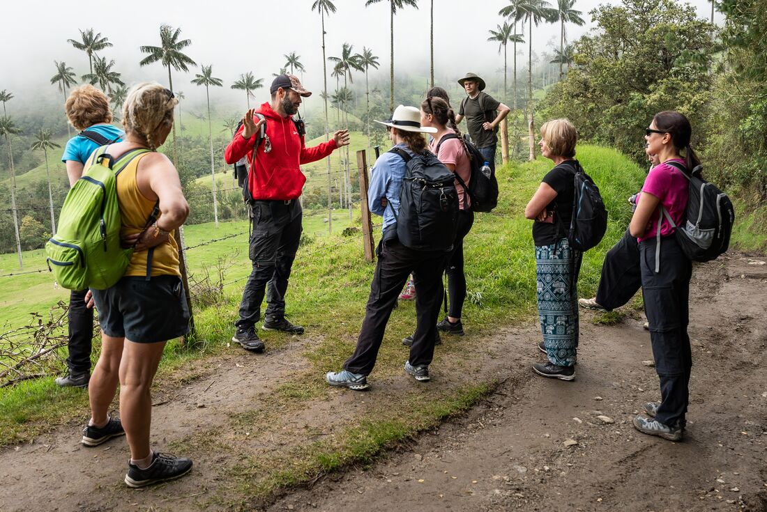 Leader talking to travel group in front of green hills and wax palm trees at Cocora Valley, Salento Colombia