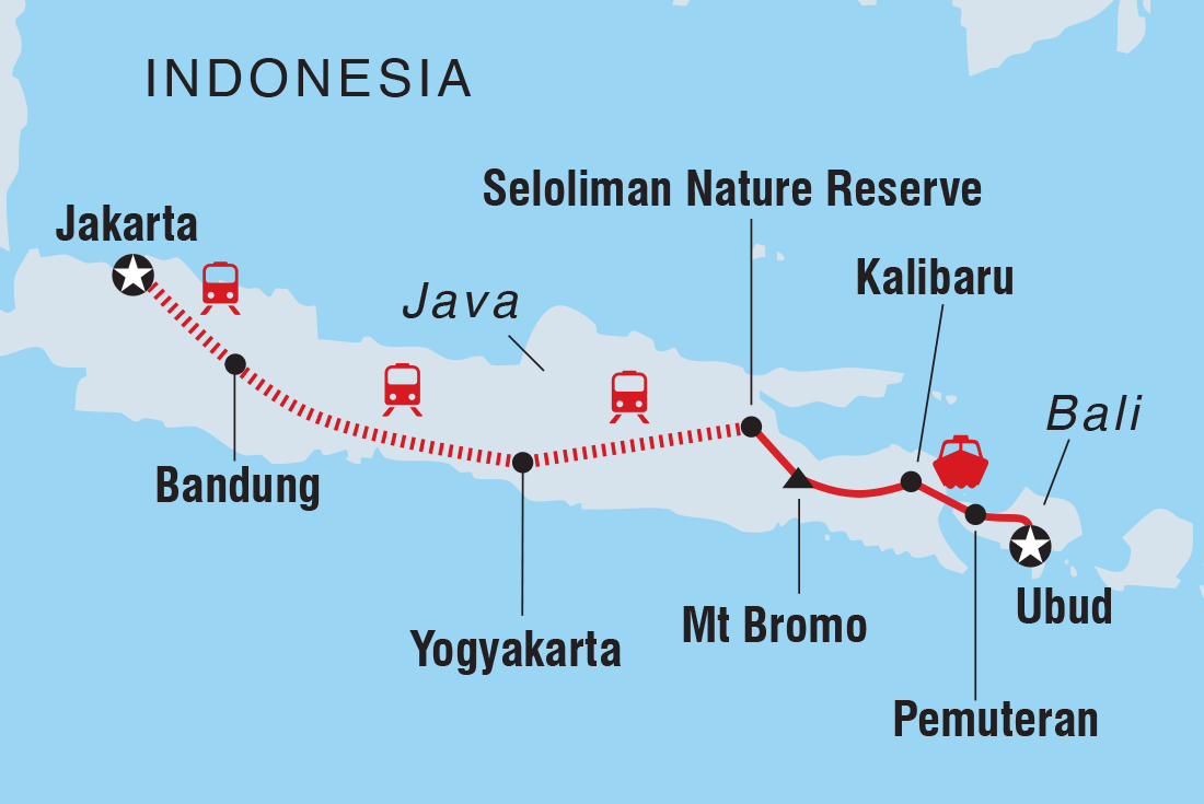 Map of Jakarta To Ubud including Indonesia