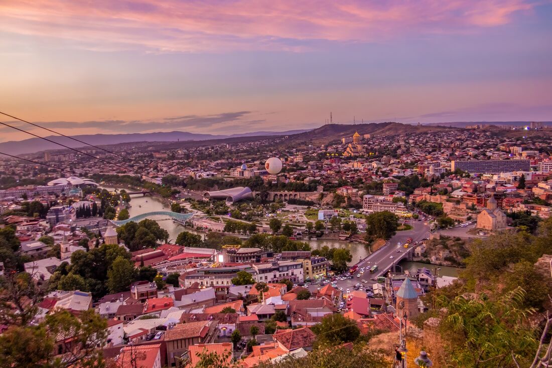 Aerial view of Tbilisi old town during sunset, Georgia