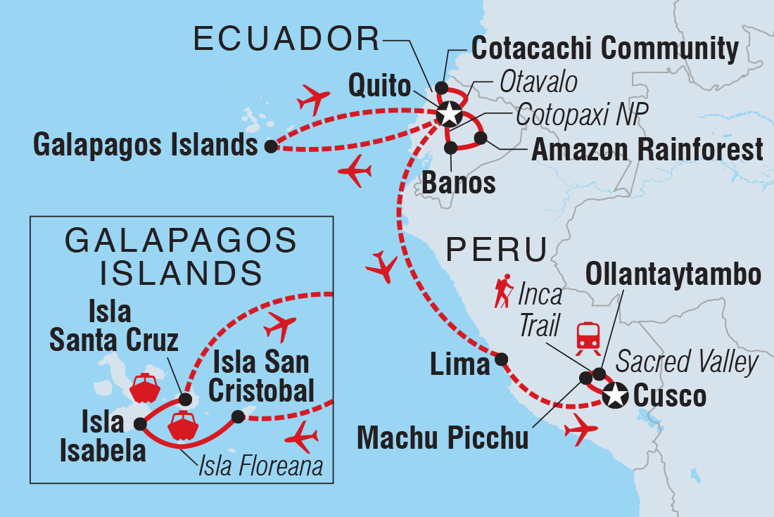 Map of Ecuador, Galapagos & Peru Explorer including Ecuador and Peru
