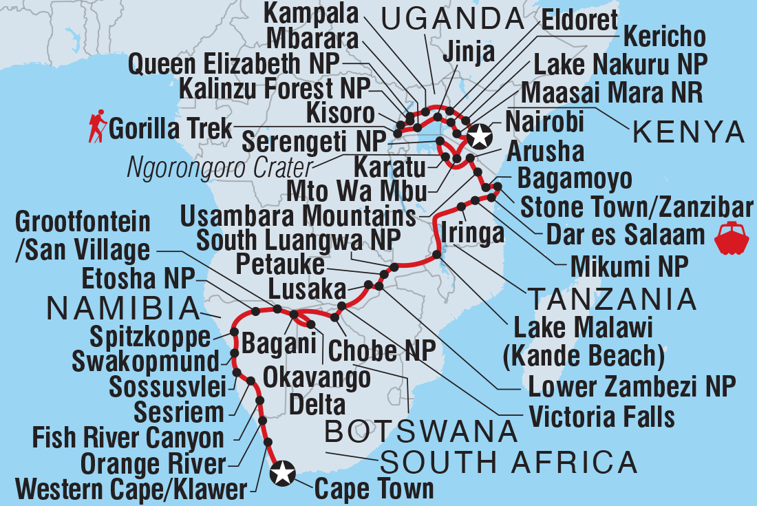 Map of Africa Encompassed Northbound including Botswana, Kenya, Malawi, Namibia, South Africa, Tanzania, United Republic Of, Uganda, Zambia and Zimbabwe