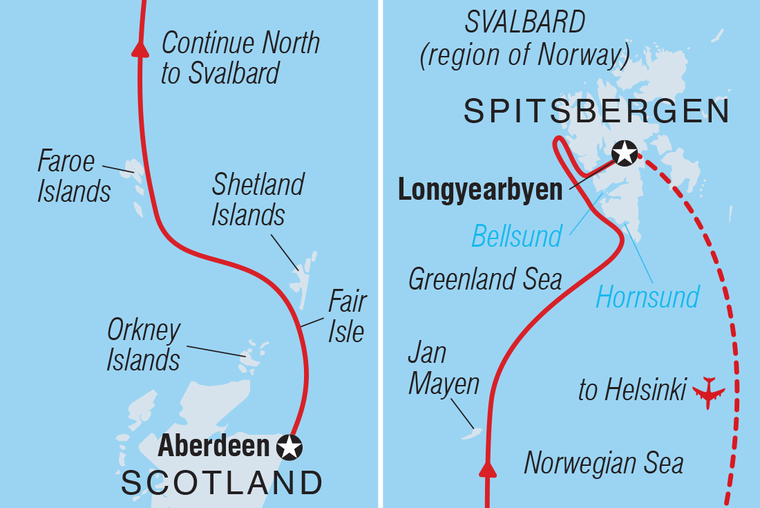Map of Arctic Saga: Exploring Spitsbergen Via The Faroes And Jan Mayen including Faroe Islands, Finland, Norway, Svalbard And Jan Mayen Islands and United Kingdom