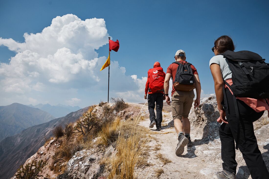 Intrepid travellers approach the very end of the Quarry Trail hike flags at the summit