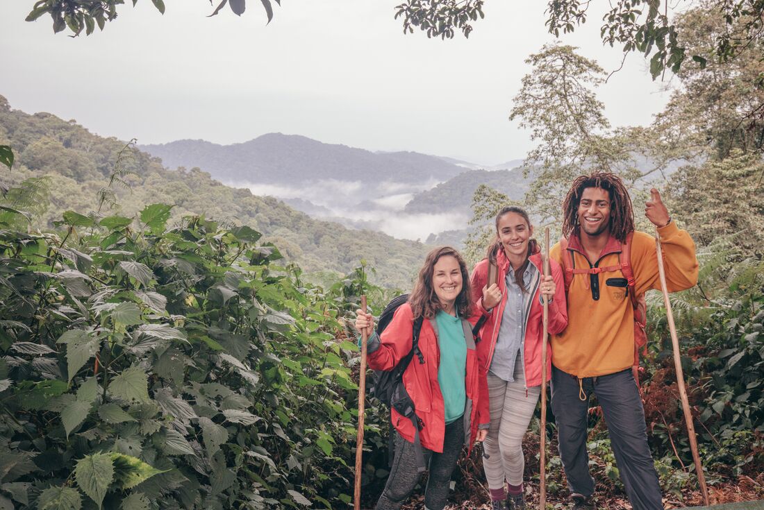 Intrepid travellers pose for a group photo on the Gorilla trek in Bwindi Impenetrable Forest mountains of Uganda