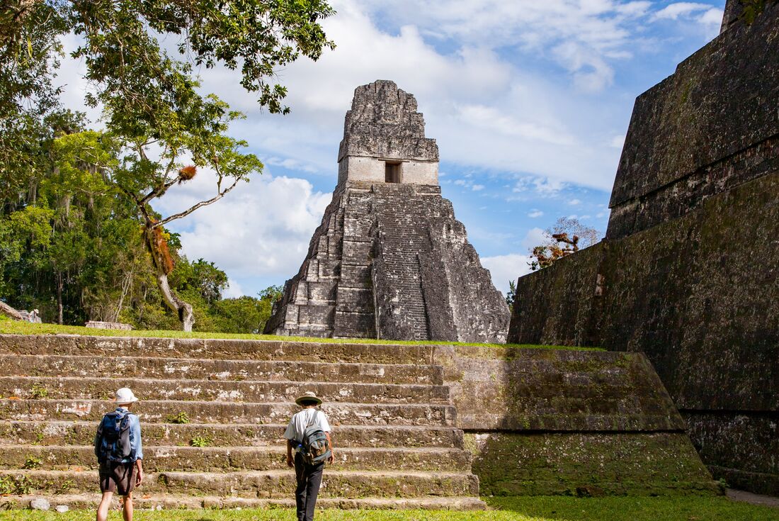 Two middle aged travellers walk toward the towering Temple of the Jaguar in Tikal Guatemala